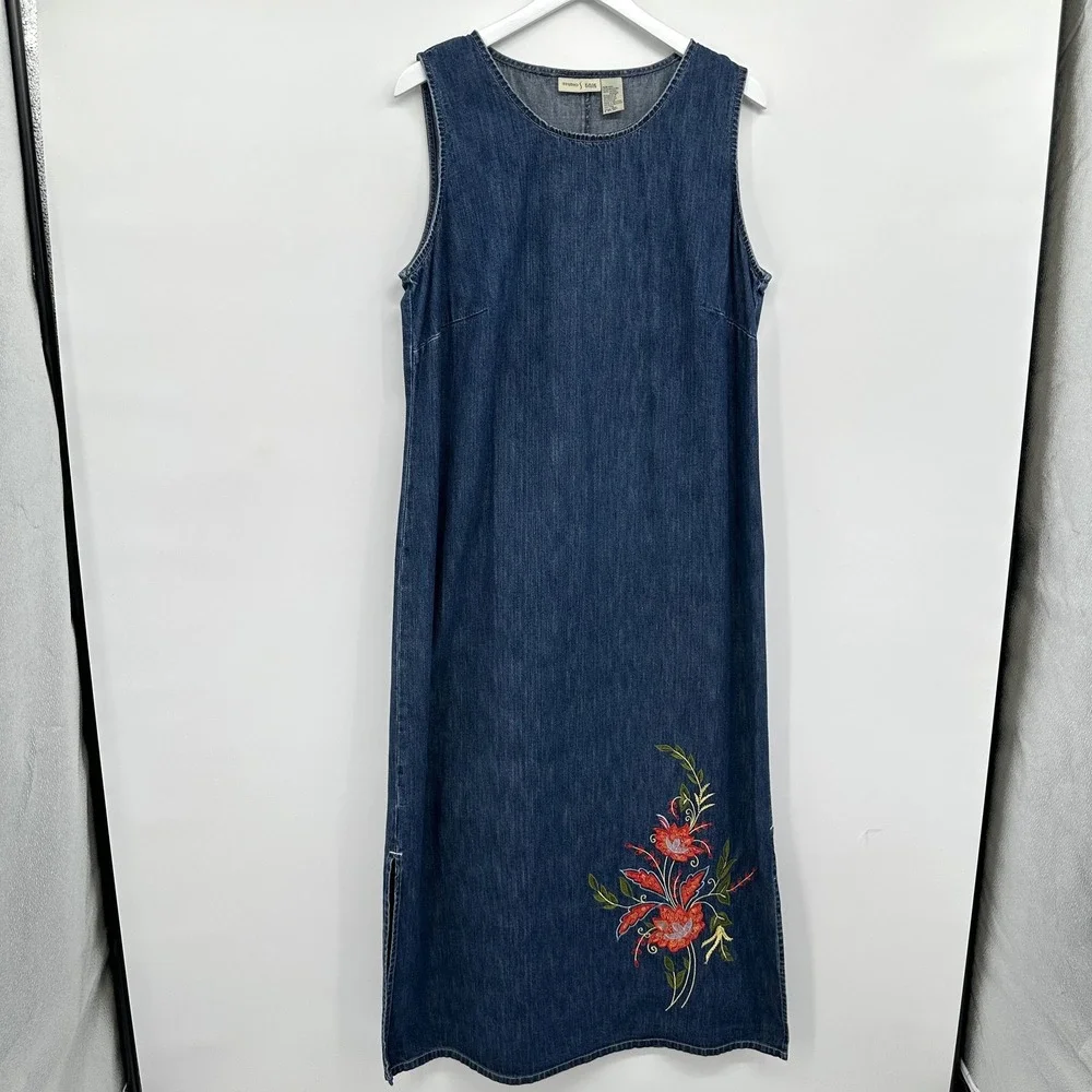Vintage‎ Y2K Maxi Denim Dress Jumper 14W Floral Embroidered Minimalist Grunge